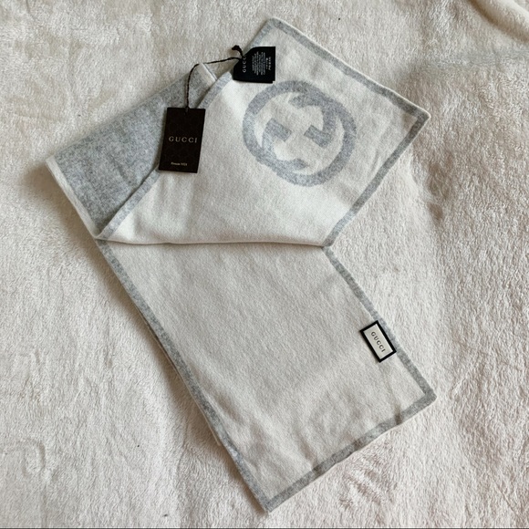NWT Authentic Gucci Woven Unisex Cashmere Long Scarf Ivory Gray Interlock Logo - Picture 2 of 9